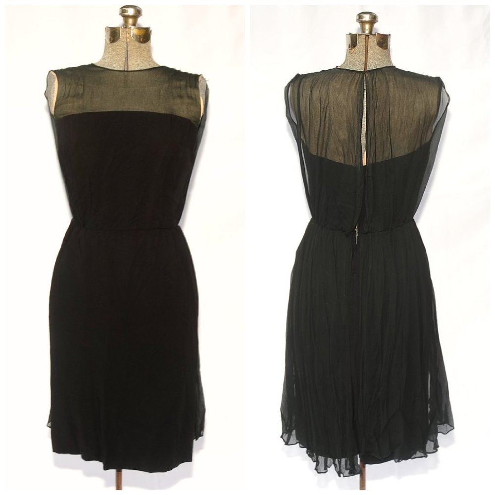 VTG 50's Black Illusion Sleeveless Sheath Dress Party Cocktail XS/S Anita Modes